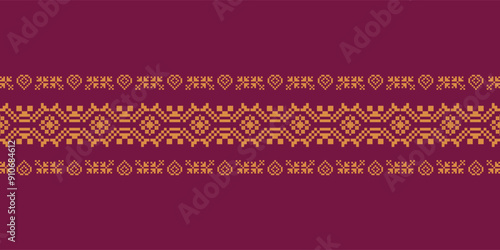 Elegant Textile Border with Floral Motif. Vintage Textile Border for Classic Designs. Seamless motif songket batik from Indonesia. Ethnic pattern traditional cloth.