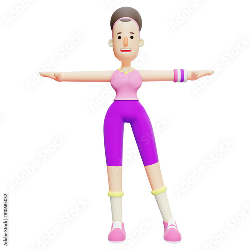 Illustrative 3D Yoga Girl.  Female Character in Warm-Up Pose with Arms Outstretched. Cartoon Character