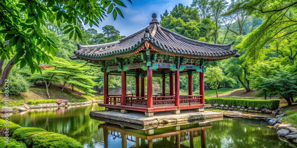 Pavilion surrounded by lush greenery in a tranquil garden setting in Seoul, South Korea, pavilion, garden Pavilion surrounded by lush greenery in a tranquil garden setting in Seoul, South Korea, pavilion, garden