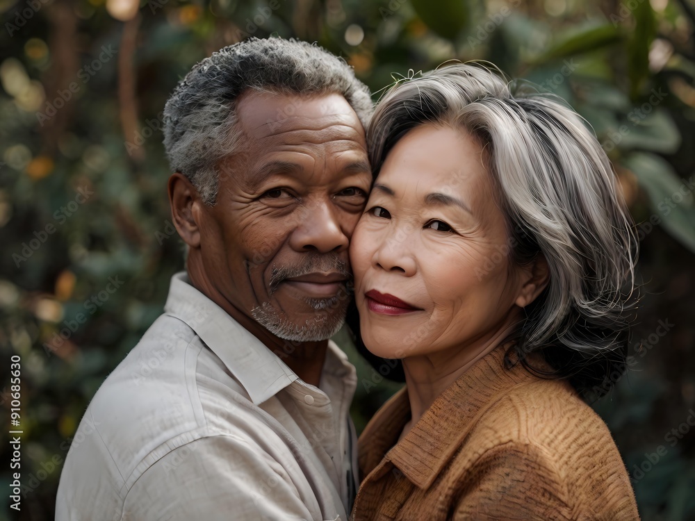 Portrait of a couple of black man from Africa and white woman from Asia, individuals of different races Portrait of a couple of black man from Africa and white woman from Asia, individuals of different races