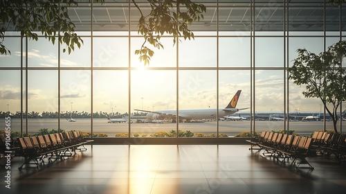 Airport terminal glass window with view of airplane Suvarnabhumi airport departure hall for travel and transportation concept : Generative AI photo