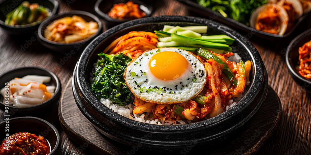 Korean food, a black stone bowl with delicious and refreshing Korean vegetables and kimchi, a fried egg on top of the rice in the center of the pot, various side dishes around it, generative AI Korean food, a black stone bowl with delicious and refreshing Korean vegetables and kimchi, a fried egg on top of the rice in the center of the pot, various side dishes around it, generative AI