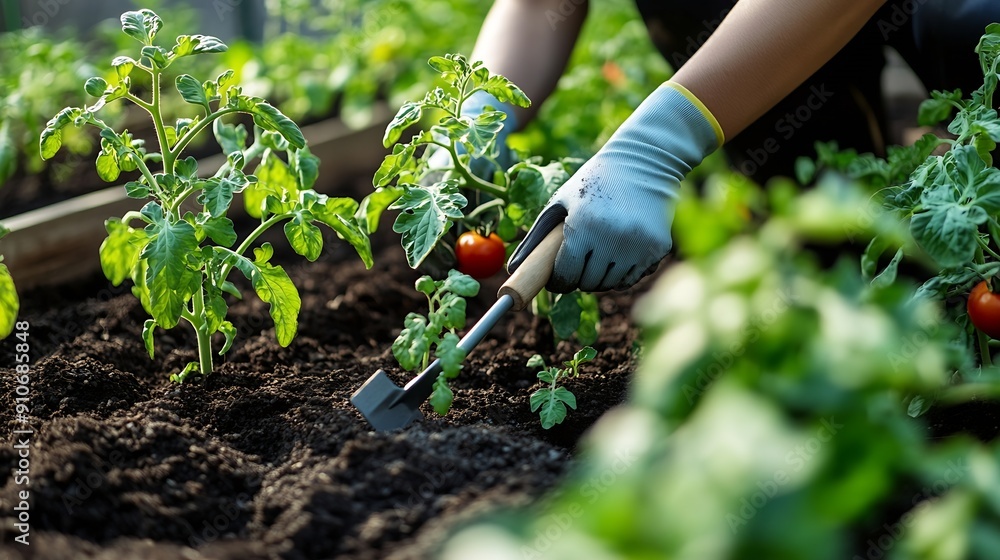 Fototapeta premium Close up of woman working with tomato plants in soil in raised beds using gardening tools : Generative AI