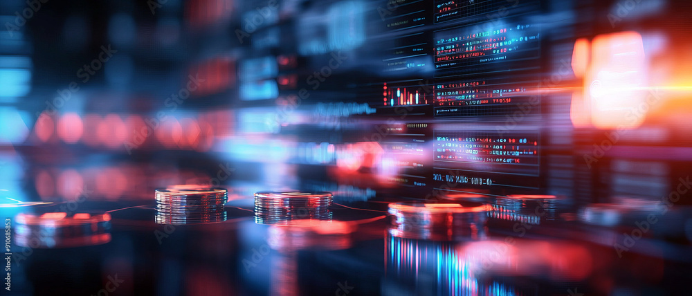 Fototapeta premium Dynamic abstract representation of digital currency with glowing elements, creating a futuristic financial environment.