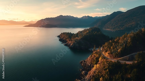 Sea to Sky Highway on Pacific Ocean West Coast Aerial Panorama Colorful Sunrise Sky Located in Howe Sound between Vancouver and Squamish British Columbia Canada : Generative AI photo