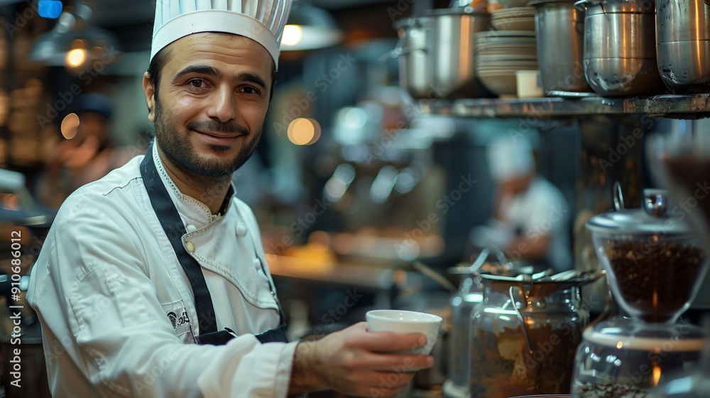 Chef in a Busy Kitchen, Preparing a Dish Chef in a Busy Kitchen, Preparing a Dish
