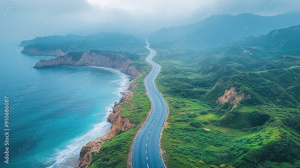 Obraz premium Aerial view of a highway with a sunset over the ocean, generative ai
