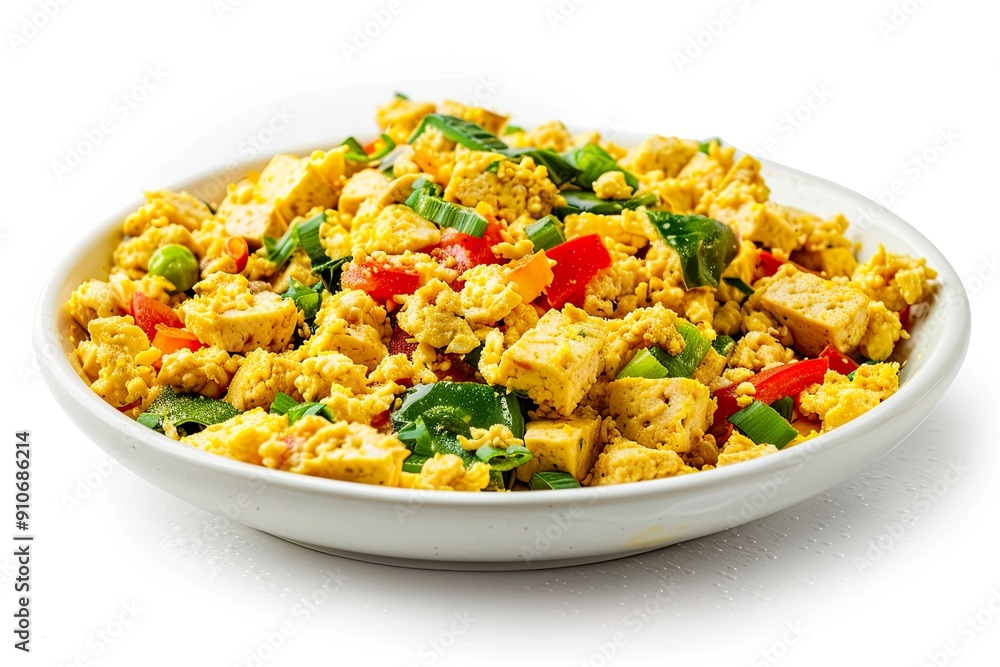 Scrambled eggs with tofu, vegetables and herbs in a white bowl. Scrambled eggs with tofu, vegetables and herbs in a white bowl.
