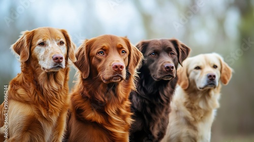 curly coated retriever golden retriever labrador nova scotia duck tolling retriever and flat coated retriever dogs sitting together outdoors : Generative AI