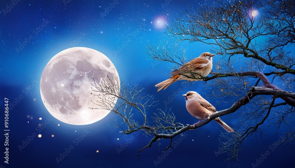 Beautiful birds sitting on the branch of tree and watching moon Beautiful birds sitting on the branch of tree and watching moon