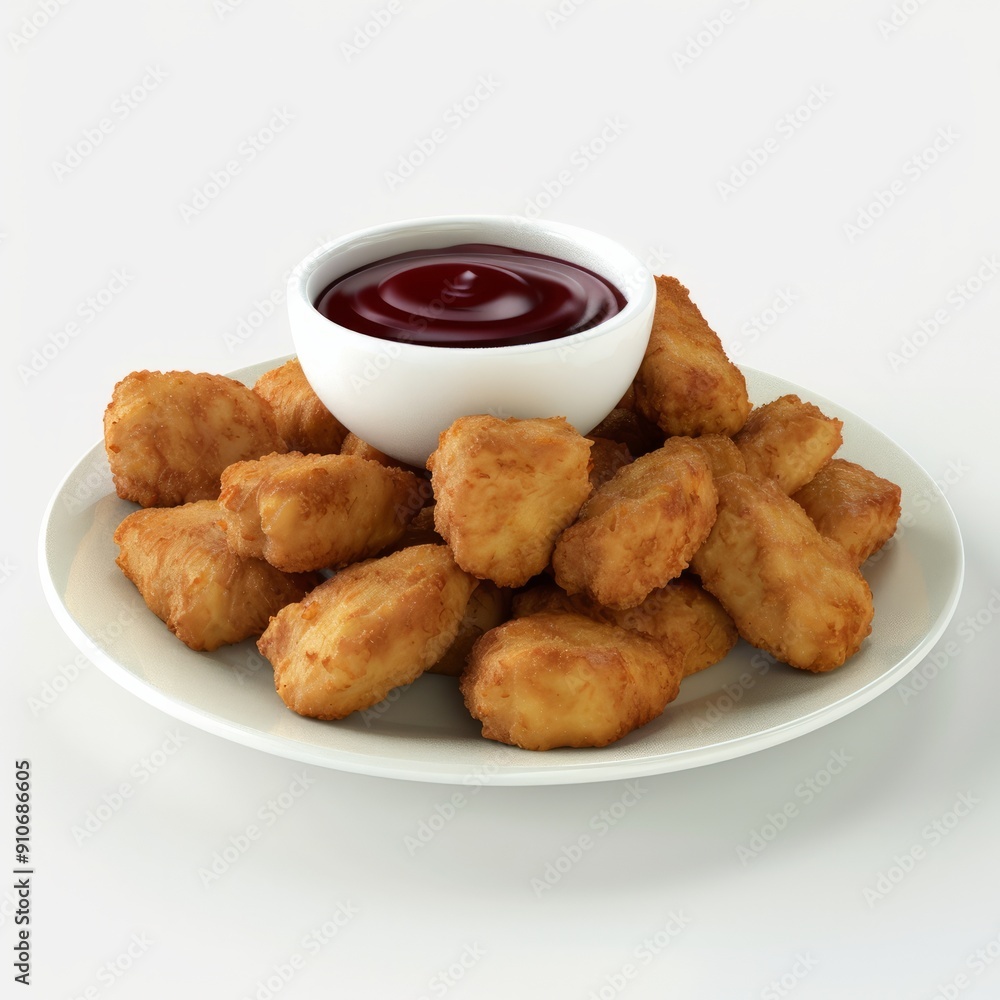 3D Render, Low Poly style of crispy chicken nuggets with a dipping sauce, on isolated white background, Generative AI 3D Render, Low Poly style of crispy chicken nuggets with a dipping sauce, on isolated white background, Generative AI