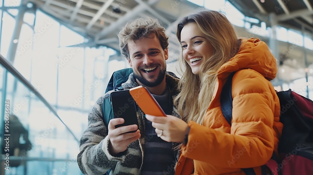 Happy couple airport and phone with ticket travel app and adventure ...