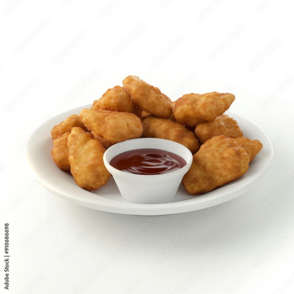 3D Render, Low Poly style of crispy chicken nuggets with a dipping sauce, on isolated white background, Generative AI 3D Render, Low Poly style of crispy chicken nuggets with a dipping sauce, on isolated white background, Generative AI