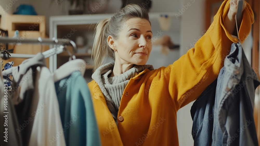 Middle age woman hanging clothes on clothesline at laundry room : Generative AI Middle age woman hanging clothes on clothesline at laundry room : Generative AI