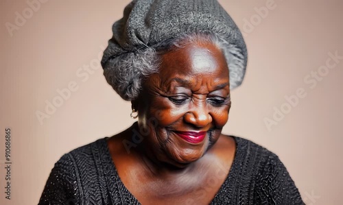 Portrait video of a pleased 100-year-old elderly Nigerian black woman wearing a chic cardigan against a pastel or soft colors background  photo