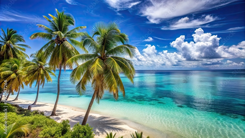 Panorama of Caribbean paradise with turquoise sea, blue sky, and palm trees , beach, vacations, tropical Panorama of Caribbean paradise with turquoise sea, blue sky, and palm trees , beach, vacations, tropical