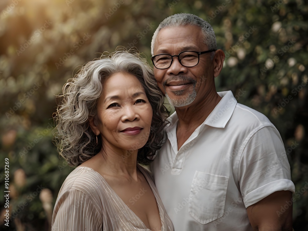 Portrait of a couple of black man from Africa and white woman from Asia, individuals of different races