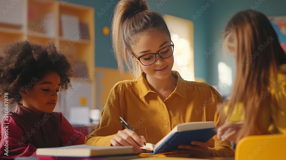 Elementary female school teacher assisting student while reading book in classroom : Generative AI Elementary female school teacher assisting student while reading book in classroom : Generative AI