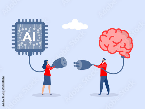 Human brain with ai chip processing unit.people Human and ai Artificial Intelligence working together, machine or automation to help or support work, solution or connect idea concept, vector