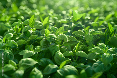 Lush green leaves in a dense foliage, sunlight filtering through.