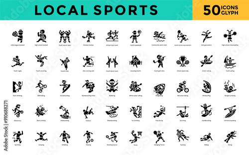 Local sports icon set with little league baseball, high school football, youth soccer team, peewee hockey, school track meet, youth basketball, community swim meet icon. Simple glyph vector 
