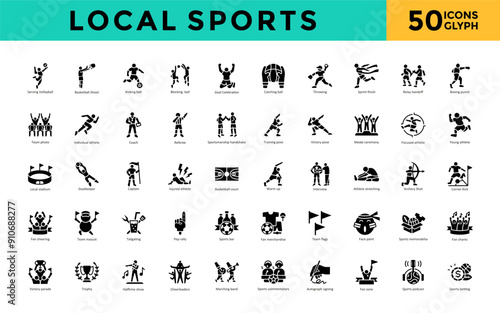 Local sports icon set with serving volleyball, basketball shoot, kicking ball, blocking ball, goal celebration, catching ball, throwing, sprint finish, relay handoff icon. Simple glyph vector 
