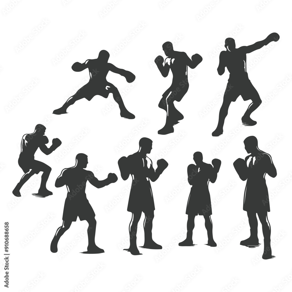 Obraz premium Man doing boxing moves exercise. Jab Cross Hook and Uppercut movement. Shadow boxing. Flat vector illustration isolated on white background, Boxing Silhouettes 