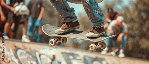 A skateboarder in motion performs a trick, showcasing skill and excitement in a vibrant urban setting with spectators.