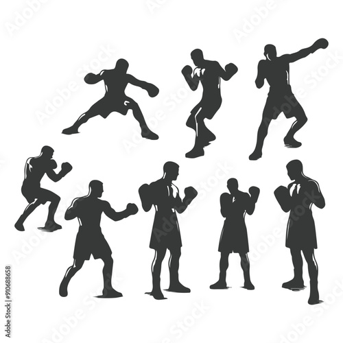Man doing boxing moves exercise. Jab Cross Hook and Uppercut movement. Shadow boxing. Flat vector illustration isolated on white background, Boxing Silhouettes 