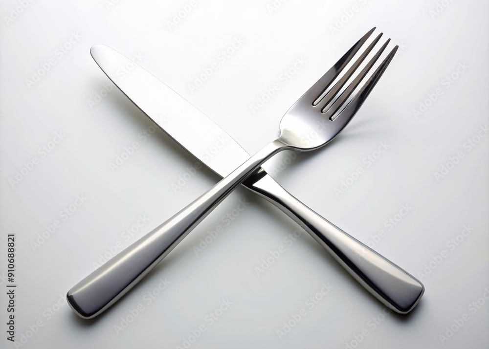 a fork and knife lie crossed on a pristine white background, evoking feelings of refinement, sophistication, and a meal yet to be savored. a fork and knife lie crossed on a pristine white background, evoking feelings of refinement, sophistication, and a meal yet to be savored.