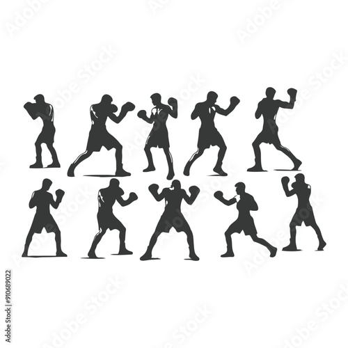 Man doing boxing moves exercise. Jab Cross Hook and Uppercut movement. Shadow boxing. Flat vector illustration isolated on white background, Boxing Silhouettes 