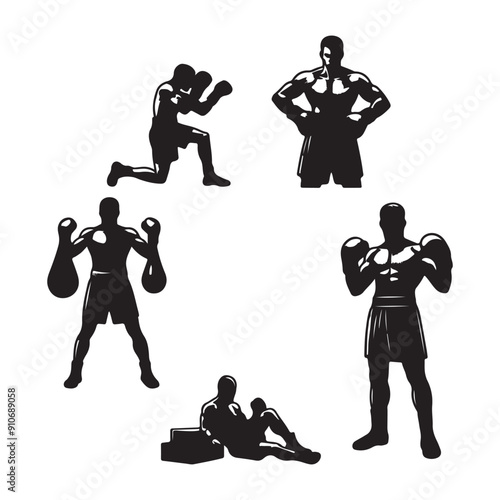 Man doing boxing moves exercise. Jab Cross Hook and Uppercut movement. Shadow boxing. Flat vector illustration isolated on white background, Boxing Silhouettes 