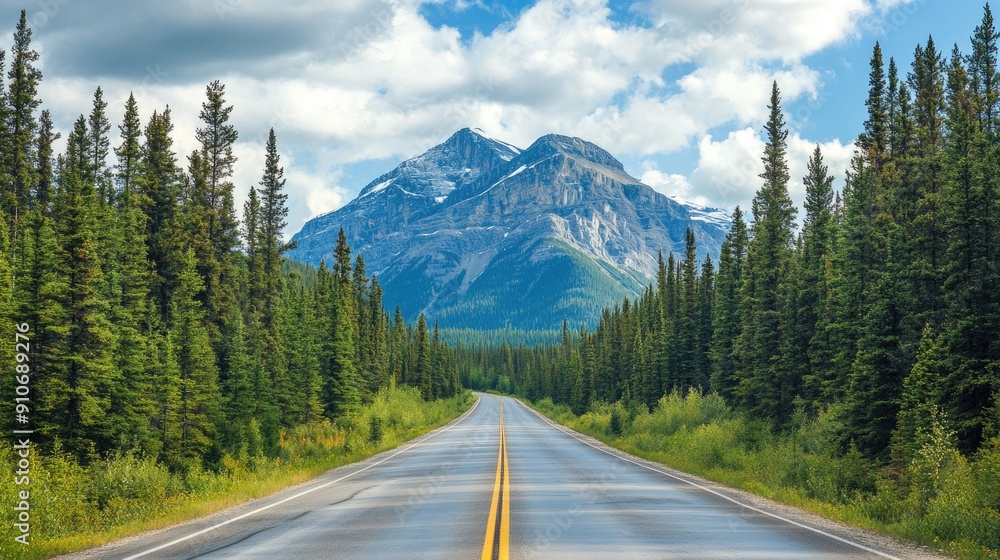 Winding Road Through a Forest Leading to a Snow-capped Mountain Winding Road Through a Forest Leading to a Snow-capped Mountain