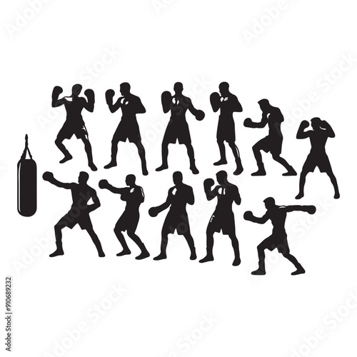 Man doing boxing moves exercise. Jab Cross Hook and Uppercut movement. Shadow boxing. Flat vector illustration isolated on white background, Boxing Silhouettes 