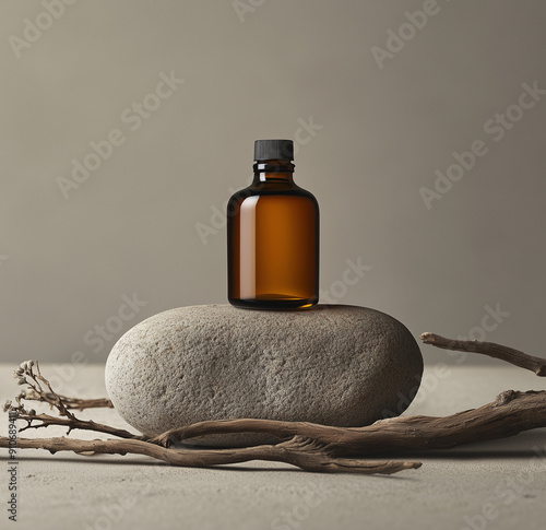 Product photography of Aesop's scented body oil in an amber glass bottle on top of two concrete stones with organic textures and driftwood lying around, in a minimalist style with a clean background