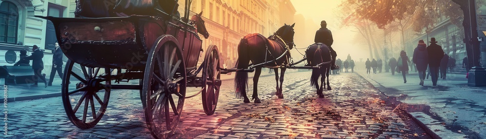 Horsedrawn carriages on cobblestone close up, focus on, copy space with soft watercolor hues Double exposure silhouette with historic town Horsedrawn carriages on cobblestone close up, focus on, copy space with soft watercolor hues Double exposure silhouette with historic town