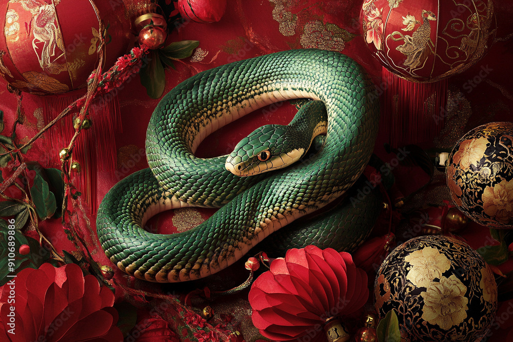 snake against a festive red and gold backdrop. of Chinese New Year snake against a festive red and gold backdrop. of Chinese New Year