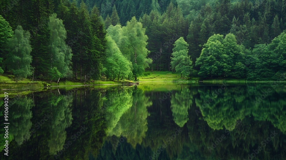 Green forest reflected in mirror lake Loch Ard Aberfoyle Scotland Scottish Highlands : Generative AI Green forest reflected in mirror lake Loch Ard Aberfoyle Scotland Scottish Highlands : Generative AI