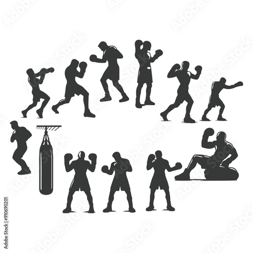 Man doing boxing moves exercise. Jab Cross Hook and Uppercut movement. Shadow boxing. Flat vector illustration isolated on white background, Boxing Silhouettes 
