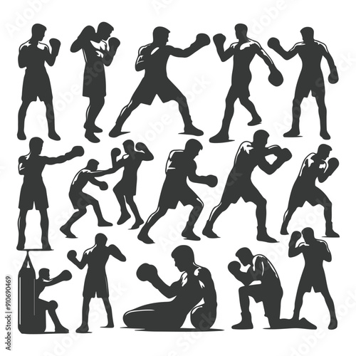 Man doing boxing moves exercise. Jab Cross Hook and Uppercut movement. Shadow boxing. Flat vector illustration isolated on white background, Boxing Silhouettes 