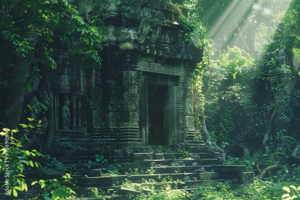 A majestic overgrown ancient temple illuminated by soft rays of sunlight penetrating the dense forest canopy A majestic overgrown ancient temple illuminated by soft rays of sunlight penetrating the dense forest canopy