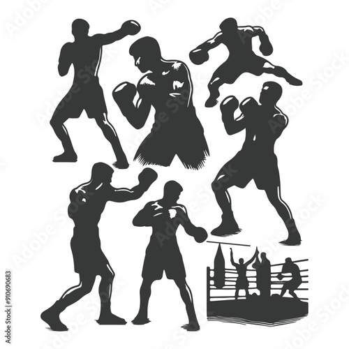 Man doing boxing moves exercise. Jab Cross Hook and Uppercut movement. Shadow boxing. Flat vector illustration isolated on white background, Boxing Silhouettes 
