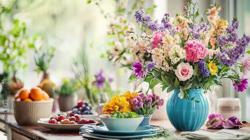 Springtime Serenity: A vibrant bouquet bursts with color, transforming a sunlit kitchen table into a haven of floral beauty and tranquility.