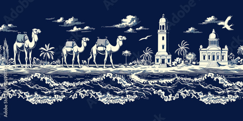 Detailed illustration of a camel caravan crossing a desert landscape with historical buildings and palm trees, ideal for travel-themed artwork