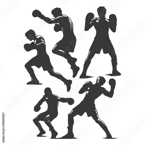 Man doing boxing moves exercise. Jab Cross Hook and Uppercut movement. Shadow boxing. Flat vector illustration isolated on white background, Boxing Silhouettes 
