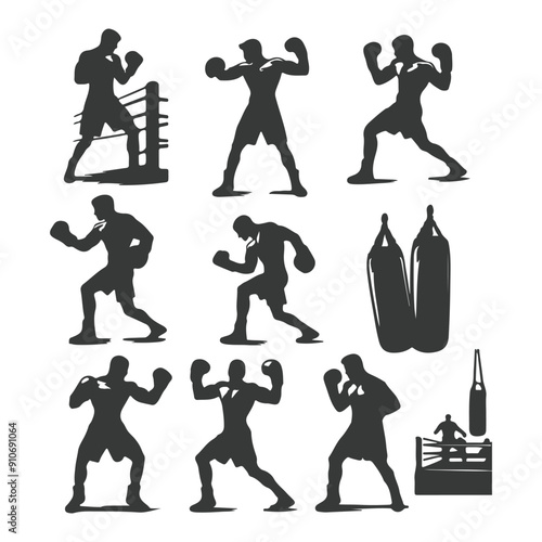 Man doing boxing moves exercise. Jab Cross Hook and Uppercut movement. Shadow boxing. Flat vector illustration isolated on white background, Boxing Silhouettes 