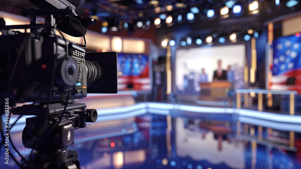Professional TV News Studio with Camera and Anchor Desk in Focus, Bright Lights and American Flag Background Professional TV News Studio with Camera and Anchor Desk in Focus, Bright Lights and American Flag Background