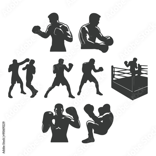 Man doing boxing moves exercise. Jab Cross Hook and Uppercut movement. Shadow boxing. Flat vector illustration isolated on white background, Boxing Silhouettes 