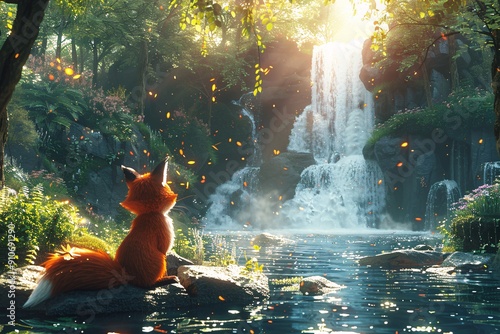 Brave Fox by Enchanted Waterfall