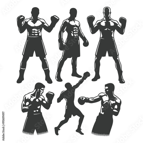 Man doing boxing moves exercise. Jab Cross Hook and Uppercut movement. Shadow boxing. Flat vector illustration isolated on white background, Boxing Silhouettes 